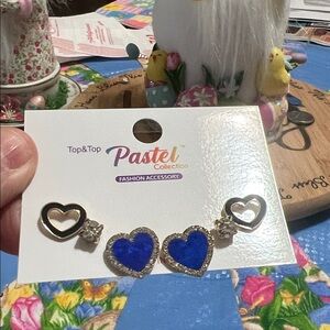 New Pastel Collection Heart Earring Set - Blue & Gold 3 pairs